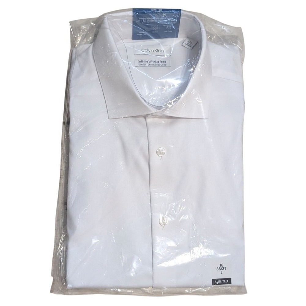 Calvin Klein Infinite Wrinkle Free Slim Tall‎ Dress Shirt White 33AT187 Stretch